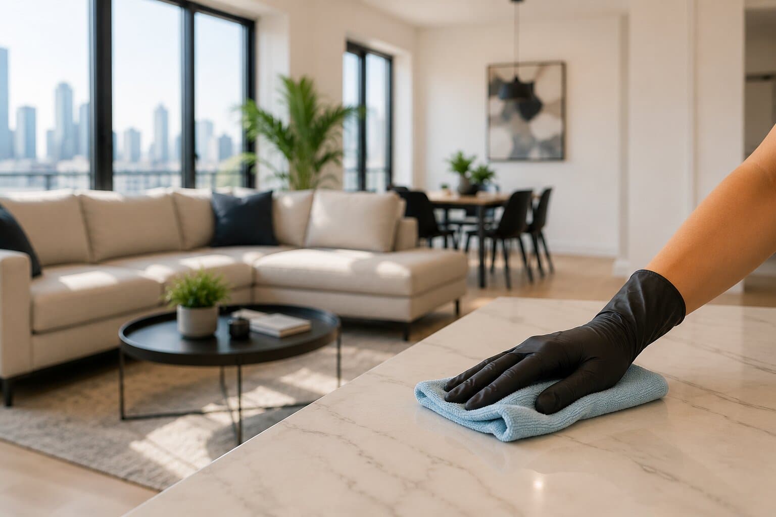 A gloved hand wiping down a marble countertop in a bright, freshly cleaned living room