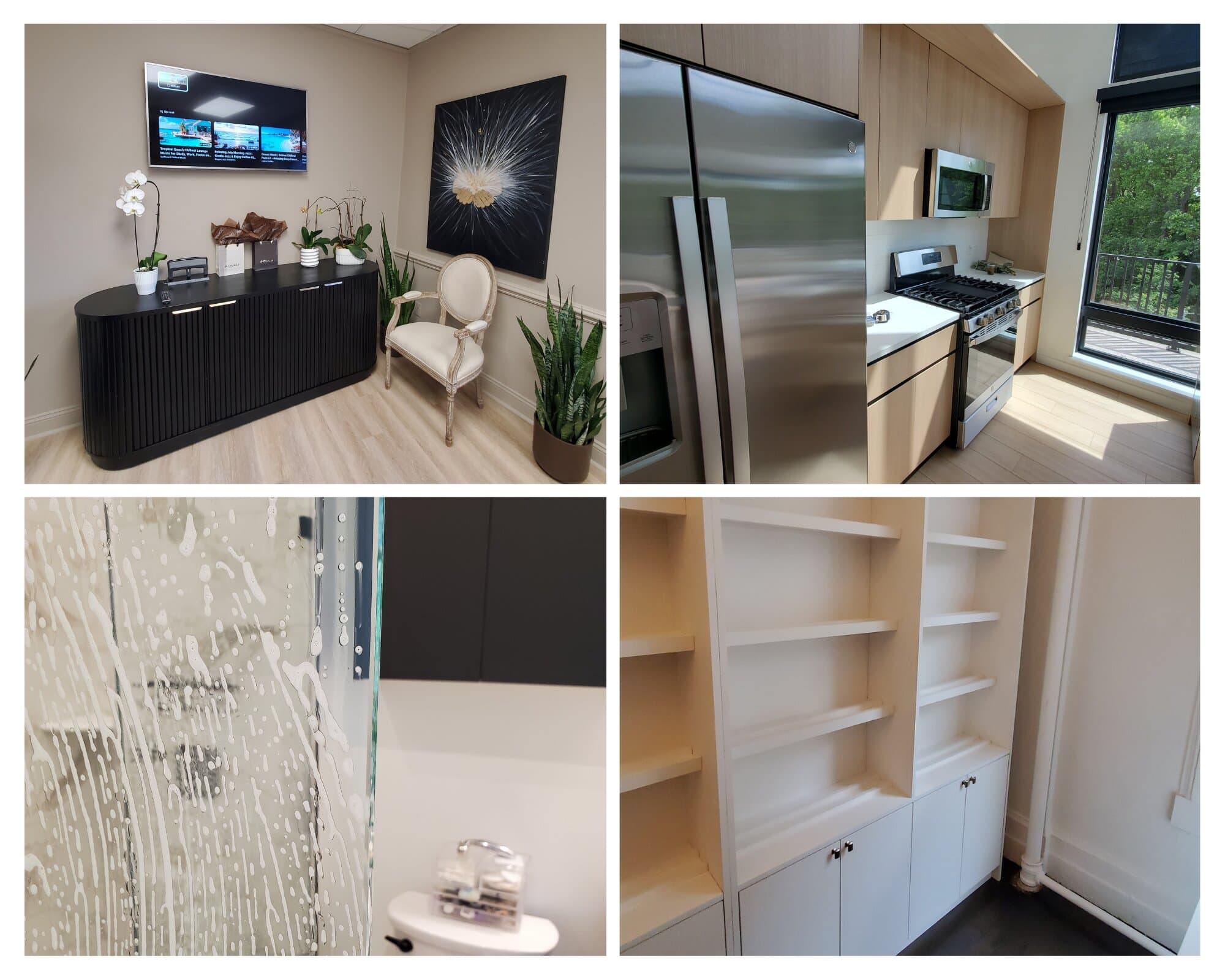 A collage of real spaces Doris has cleaned: a living room, kitchen, bathroom glass, and built-in shelving